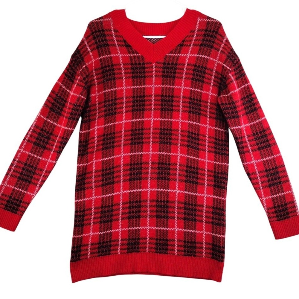 Womens Red Plaid V Neck Long Sleeve‎ Sweater Size M 7 9 Lumberjack Holiday